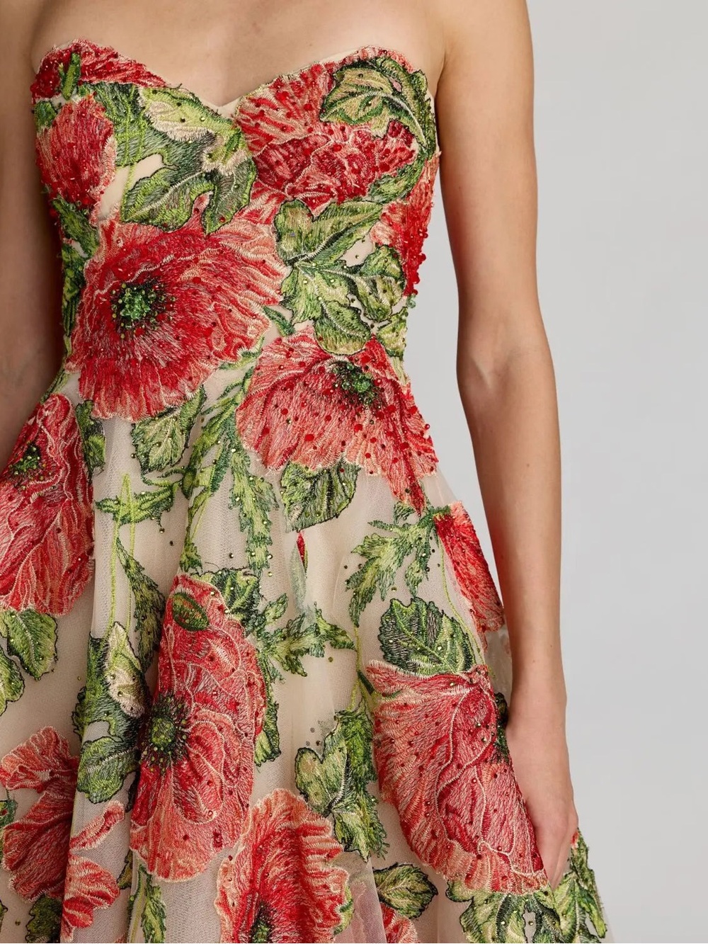 Mac Duggal Beige Strapless Floral Embroidered Midi Dress - Picture 10 of 16